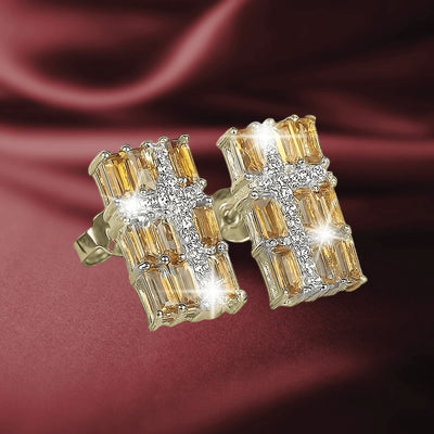 Citrine Star Cross Earrings featuring sterling silver with gold plating, designed for women, showcasing rectangular citrine stones accented with sparkling cross-shaped crystals.
