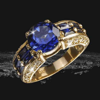 Azura Ring featuring a sterling silver band plated in gold with a large deep blue gemstone center and smaller matching blue stones set along the sides, designed for female jewelry enthusiasts.