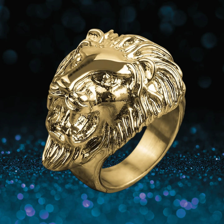 Gold-plated stainless steel Lionheart Ring for males featuring a detailed lion head design, perfect for bold jewelry statements.