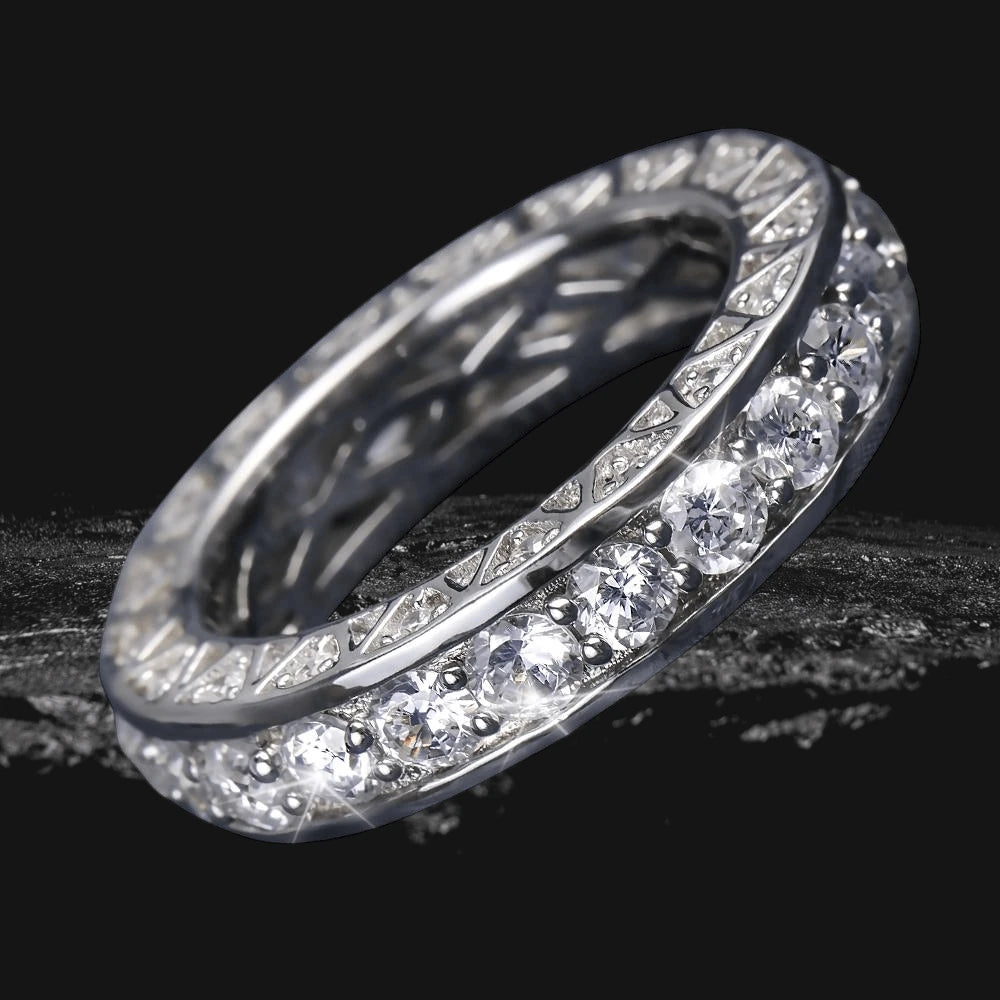 Portofino Rhodium Ring crafted from sterling silver, featuring a row of sparkling clear gemstones, designed for female jewelry enthusiasts seeking elegant rings.