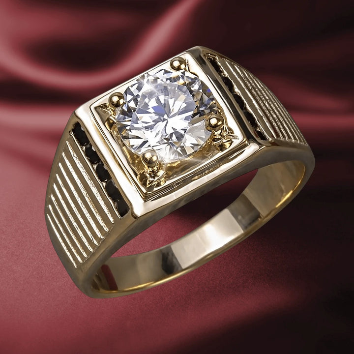 Malone Men's Ring crafted from sterling silver with gold plating, featuring a large round clear gemstone centerpiece set in an elegant, textured band design.