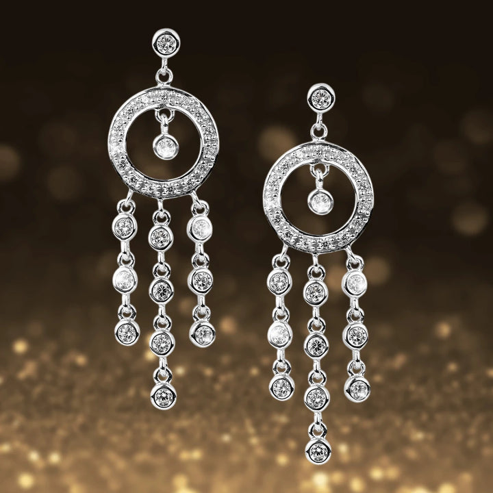 Raindrop Chandelier Rhodium Earrings made of sterling silver with rhodium plating, featuring a circular design with dangling sparkling stones, elegant for female jewelry.