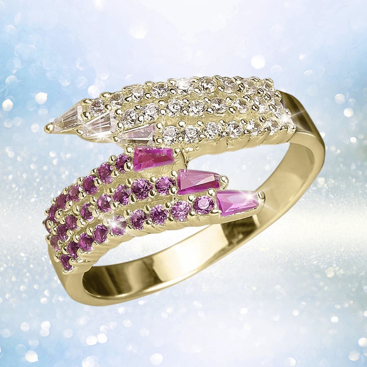 Verina Ladies Ring featuring sterling silver with gold plating, adorned with white and pink gemstones, designed elegantly for women’s jewelry collection.