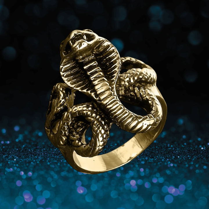 Venom Men's Gold Ring featuring a detailed stainless steel cobra design with gold plating, crafted for men seeking bold and stylish jewelry statement pieces.