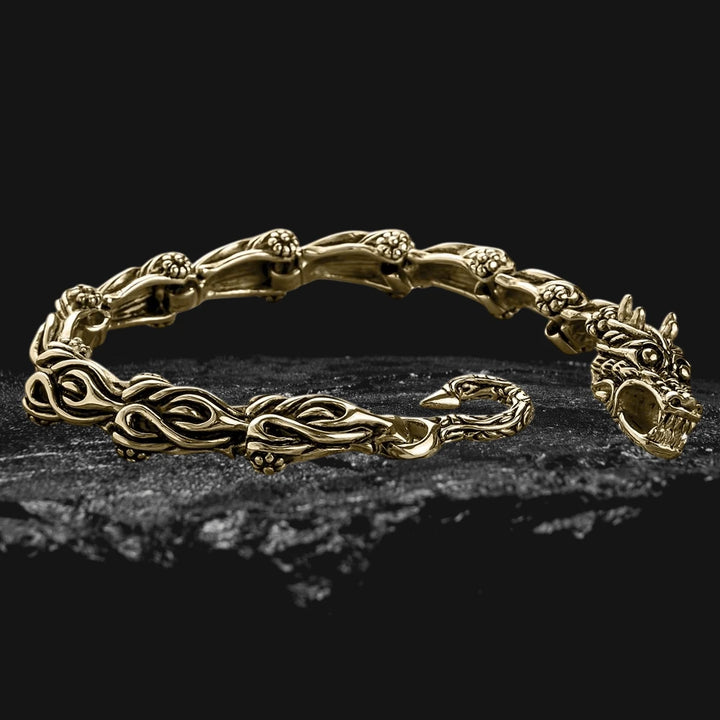 Dragons Lair Gold Bracelet crafted from stainless steel with gold plating, featuring an intricate dragon design for a bold, masculine jewelry statement.