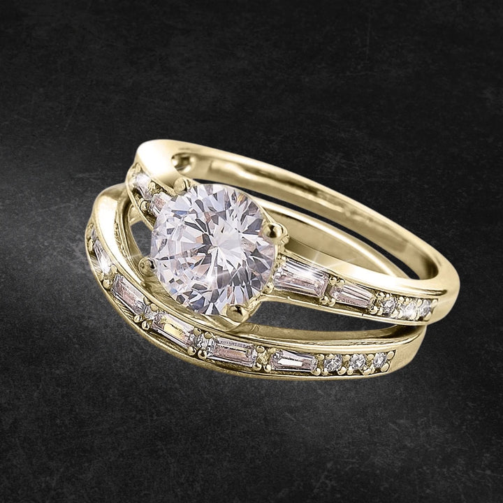 Solia Duo Ring featuring a sterling silver band with gold plating, designed for women, showcasing a large central round gemstone and baguette accents on the split shank.