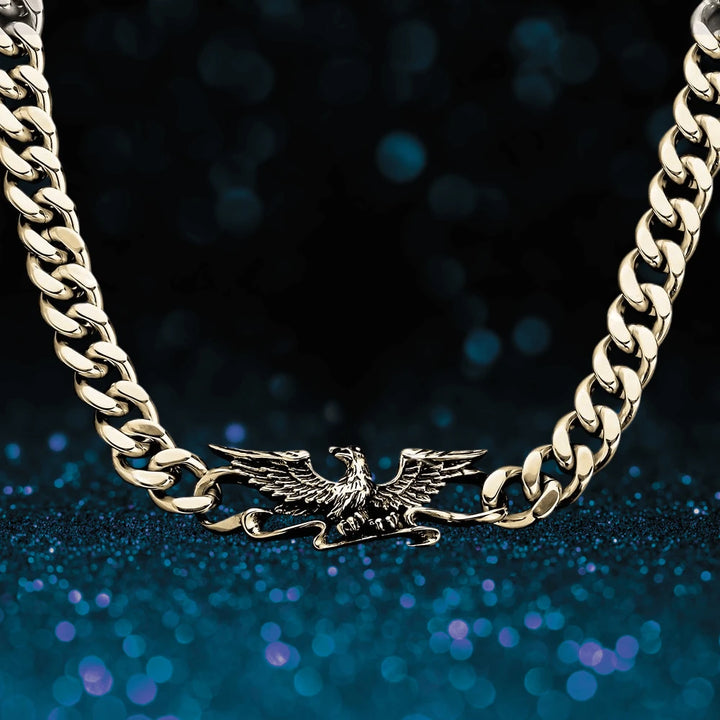 Patriot Eagle Gold Necklace featuring a detailed eagle pendant on a thick gold-plated stainless steel chain for men, a bold statement jewelry piece.
