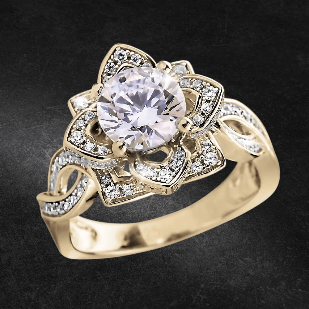 Garden Rose Gold Ring crafted from sterling silver with gold plating, featuring a floral design adorned with sparkling clear stones, elegant jewelry for women.