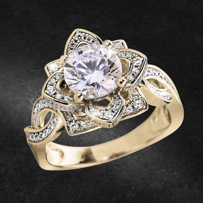 Garden Rose Gold Ring crafted from sterling silver with gold plating, featuring a floral design adorned with sparkling clear stones, elegant jewelry for women.