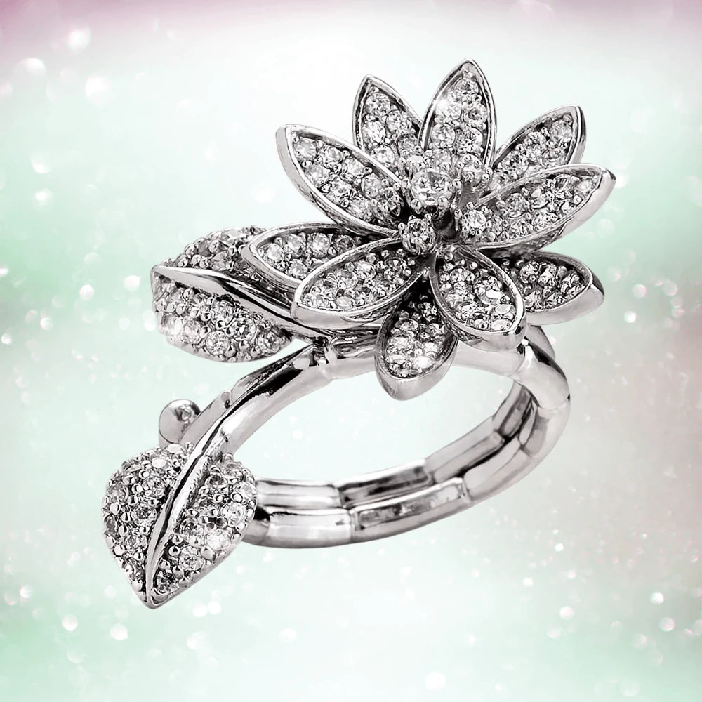 Flora Duo Ring in sterling silver with rhodium plating, designed for women, featuring an intricate floral motif adorned with sparkling accents for elegant jewelry style.