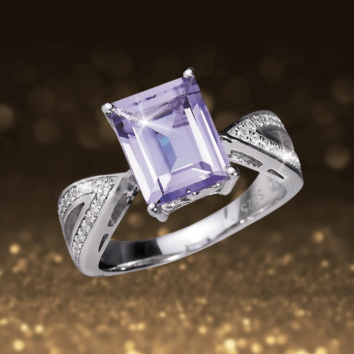 Royal Amethyst Ring featuring a rectangular amethyst gemstone set in sterling silver with rhodium plating, designed for women with intricate detailing along the band.