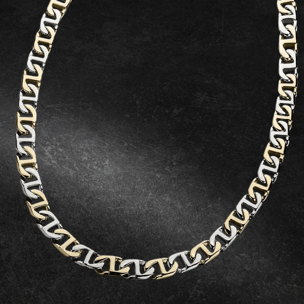 Men's two-tone metal Anchor Chain Necklace with interlocking links, showcasing a bold and stylish design ideal for contemporary jewelry collections.