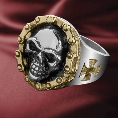 Chain Link Skull Ring featuring a detailed skull design in stainless steel with two-tone plating, including gold accents and a cross symbol on the band, crafted for men.
