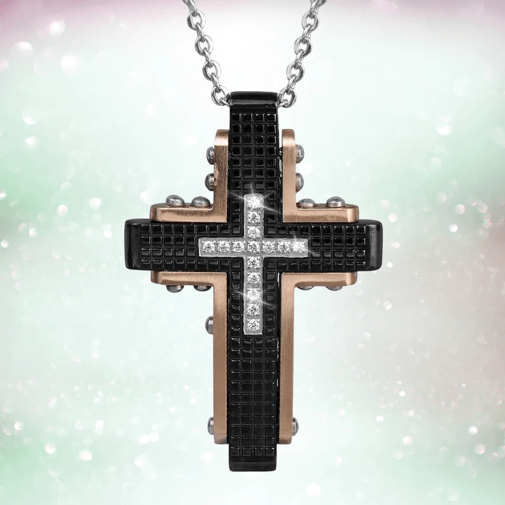 Dark Knight Pendant featuring a stainless steel cross with rose gold plating, black textured design, and sparkling crystal accents, suspended on a chain for men’s jewelry.