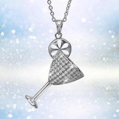 Happy Hour Rhodium Pendant in sterling silver with rhodium plating, designed for women, featuring a sparkling cocktail glass charm adorned with small crystals.