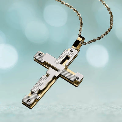 Contemporary Men's Cross Pendant in stainless steel with two-tone plating, featuring a modern design on a matching chain, ideal men's jewelry accessory.