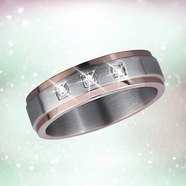Trio Ring featuring a two-tone stainless steel band with three sparkling square-cut stones, designed for men’s jewelry with a modern, elegant look.