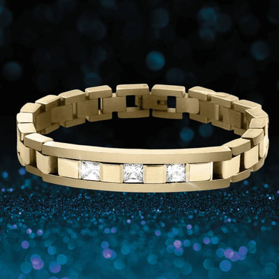 Delta Men's Bracelet featuring gold-plated stainless steel links with three square clear stones, designed as a stylish and elegant men's jewelry accessory.