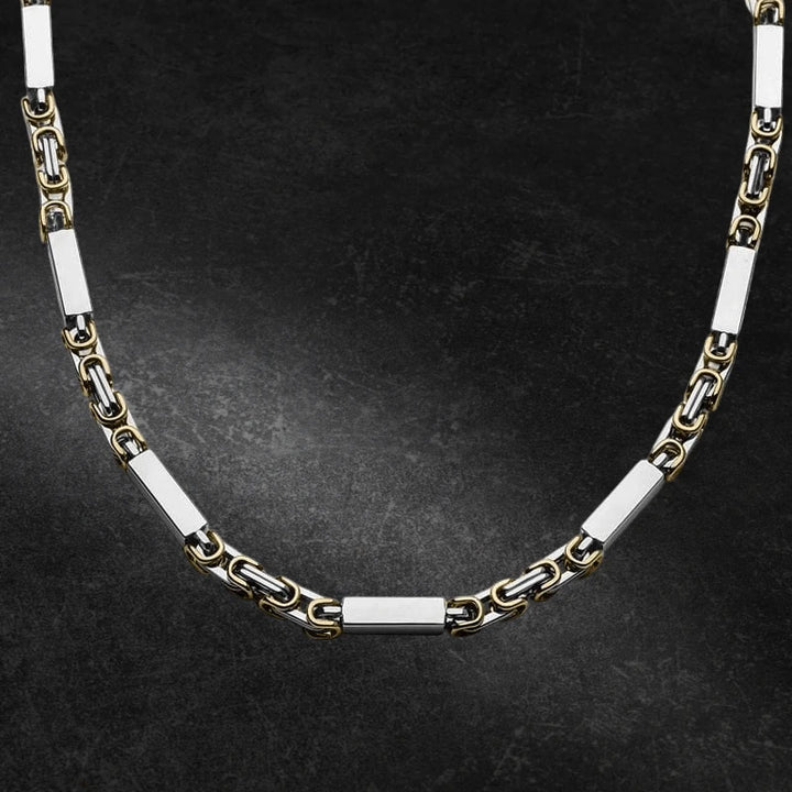 Indiana Two Tone Necklace for men featuring a contemporary chain design with alternating polished silver and gold plating links, perfect for stylish jewelry collections.