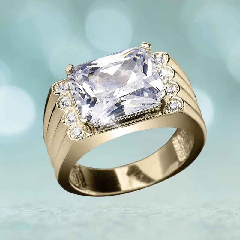Castello Men's Ring in sterling silver with gold plating featuring a large rectangular clear gemstone accented by smaller round stones on each side.