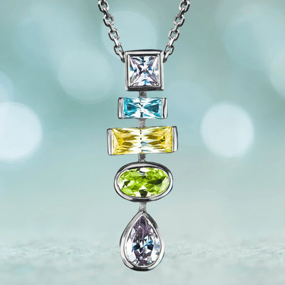 Adventurine Spring Pendant featuring sterling silver and rhodium plating with multi-colored gemstones in a vertical arrangement on a delicate chain designed for women.