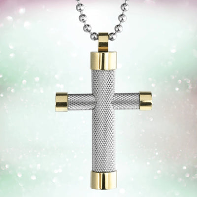 Rio Diamond Cross pendant for men crafted from stainless steel with a two-tone plating finish, featuring a textured design and smooth gold-toned accents on a ball chain necklace.