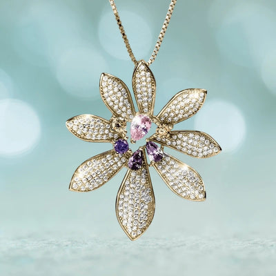 Ayana Flower Pendant featuring a floral design with sparkling white stones and colorful gemstones, crafted for females as an exquisite jewelry necklace.