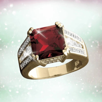 Astra Garnet Ring featuring a radiant deep red garnet centerpiece set in a gold band accented with sparkling white stones, designed for women’s jewelry.