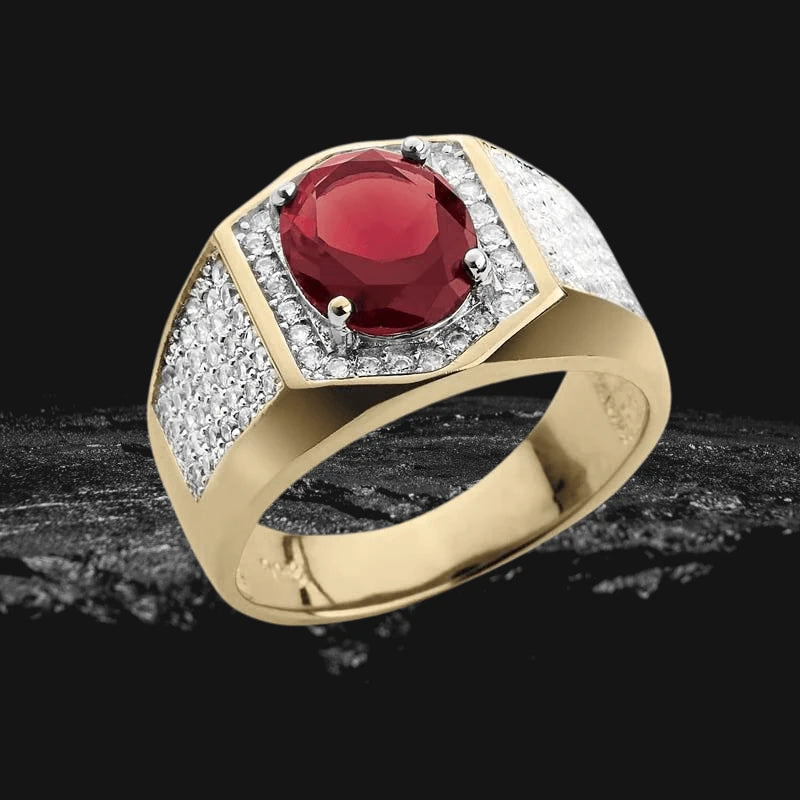 Rialto Red Men's Ring featuring a sterling silver band with gold plating, accented by a large red central gemstone surrounded by small clear crystals for a bold, elegant look.