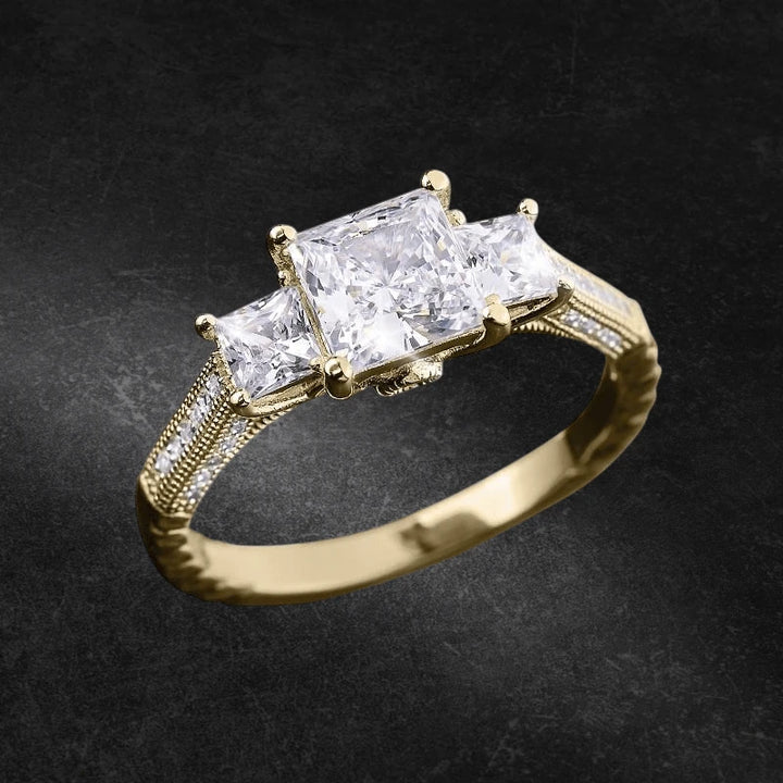 Lyla Princess Trilogy Ring featuring three square-cut stones set in a gold plated sterling silver band with intricate detailing for women’s fine jewelry.