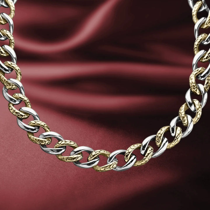 Conway Steel Necklace featuring a two-tone stainless steel chain with alternating polished silver and textured gold links, designed for men’s jewelry.