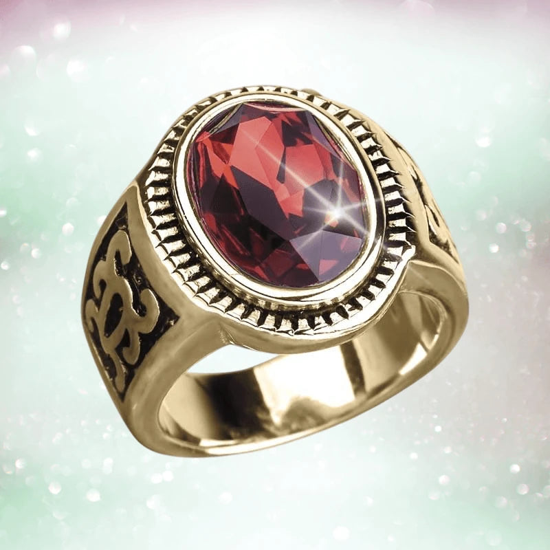 Odessa Red Men's Ring featuring a gold-plated stainless steel band with intricate side detailing and a large faceted red gemstone centerpiece, stylish men's jewelry.