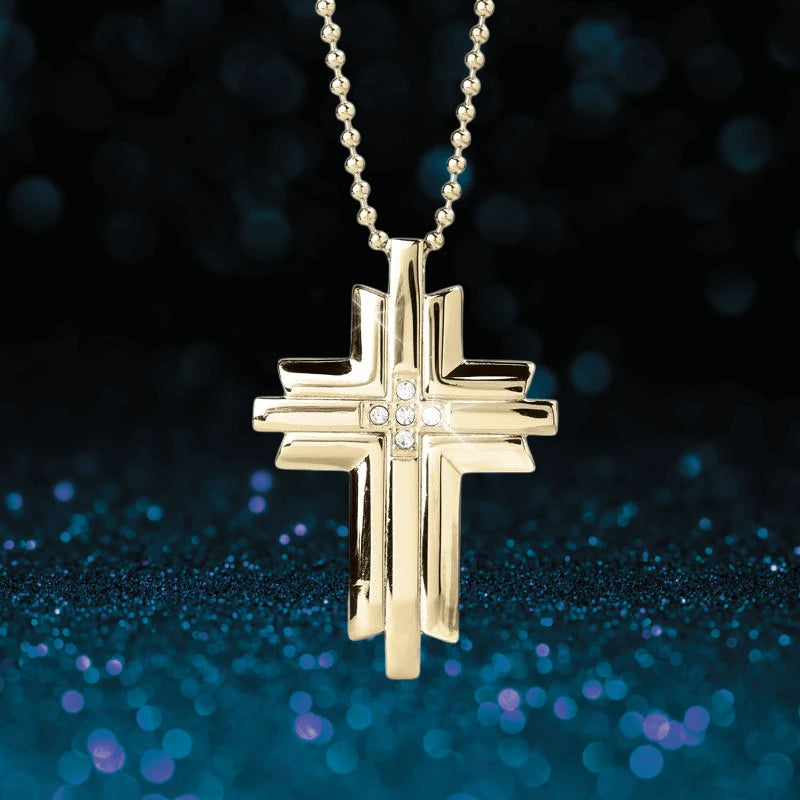 Trinity Golden Cross men's pendant necklace in polished gold with a multi-layered cross design and small center diamonds, ideal for elegant jewelry collections.