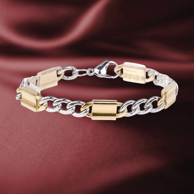 Andreo Two-Tone Steel Bracelet featuring a sleek stainless steel design with polished gold-tone accents, crafted for a sophisticated male jewelry collection.