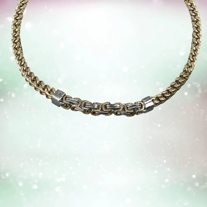 Cedar Foxtail Byzantine Necklace featuring a gold-plated stainless steel design with intricate Byzantine links, tailored for male jewelry enthusiasts.