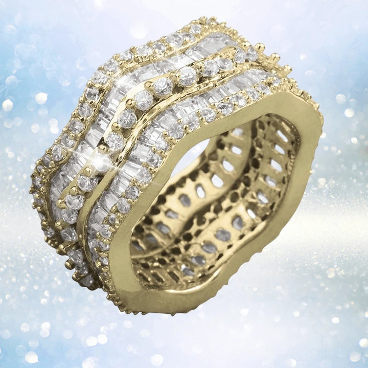 Endless Wave Eternity Ring for female featuring a gold band intricately set with multiple rows of sparkling clear stones, exuding elegance and luxury in jewelry design.