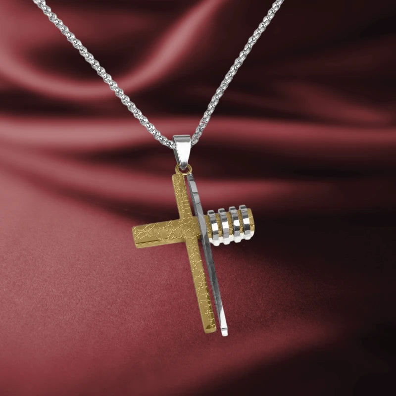 Quattro Cross Pendant featuring a two-tone stainless steel design with intricate texture detail, suspended on a matching stainless steel chain, unisex jewelry piece.
