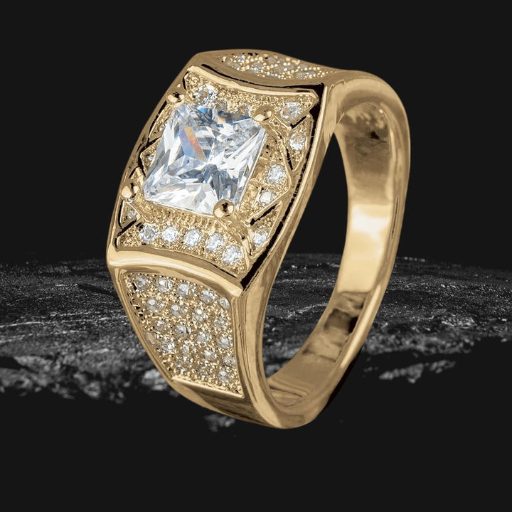 Gallant Pinky Ring for men crafted from sterling silver with gold plating, featuring a large square-cut clear gemstone surrounded by smaller sparkling stones.