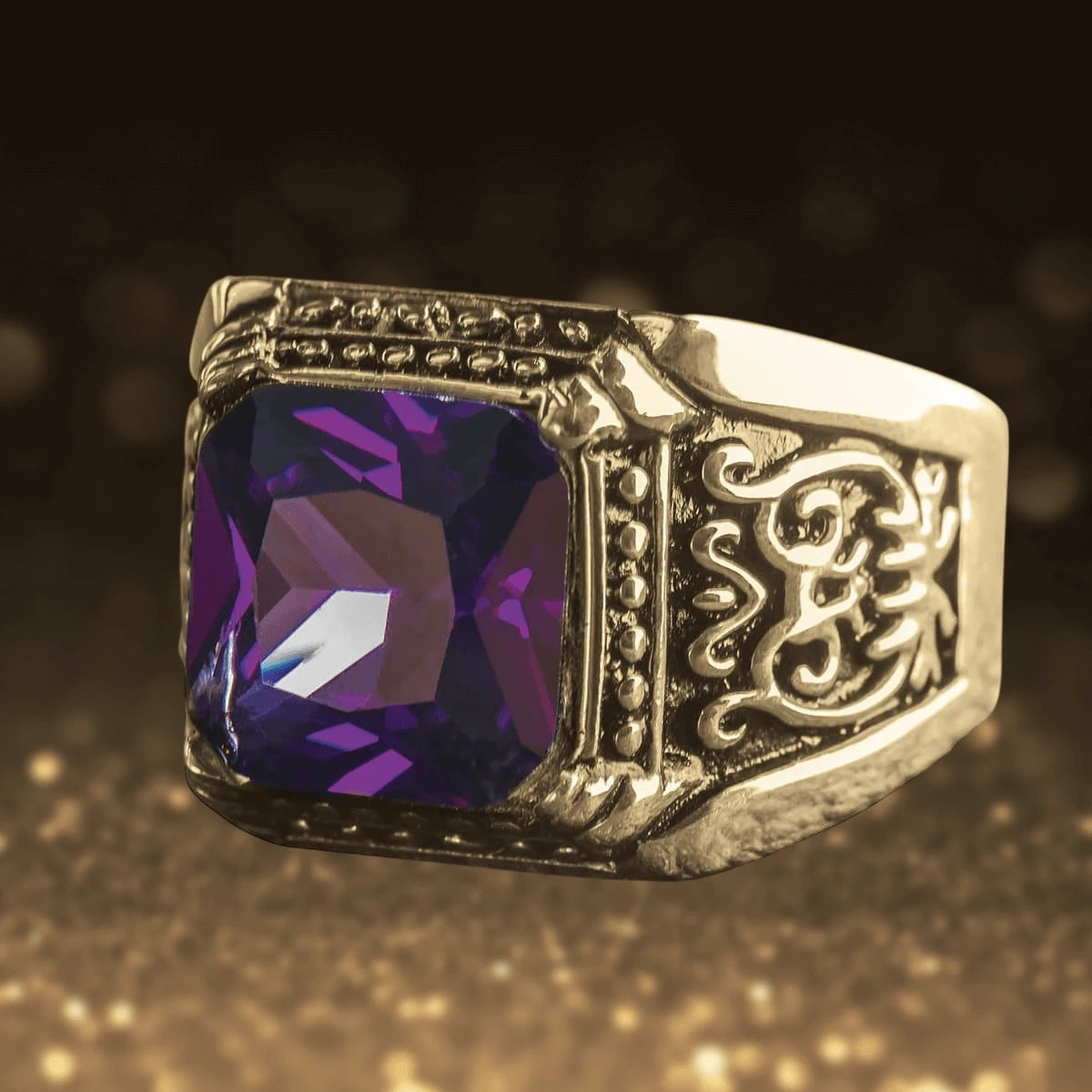 Augustus Purple Ring featuring a large purple gemstone set in gold-plated stainless steel with intricate masculine detailing, a luxurious statement piece of jewelry.