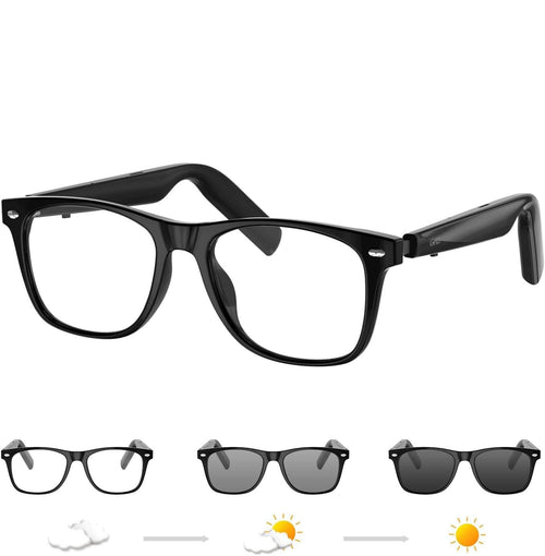 Black eyeglasses with interchangeable lenses on a white background. Reactive Smart Sunglasses
