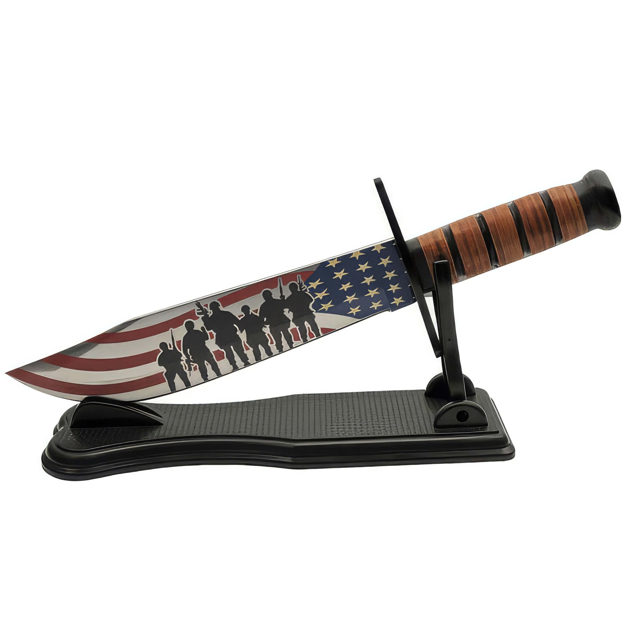 Freedom Fighter Bowie Knife featuring an American flag and soldier silhouettes on the blade, with a stacked leather handle, displayed on a black stand.