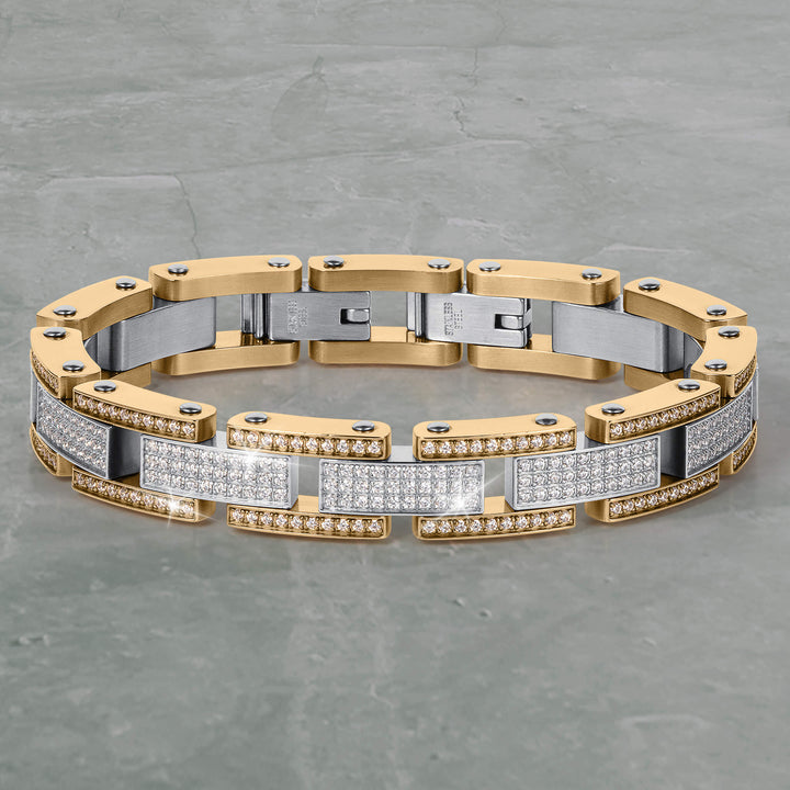Titanlink Men's Bracelet featuring gold and silver tones with sparkling stones in a modern link design, offering a captivating accessory Up To 75% Off Retail.