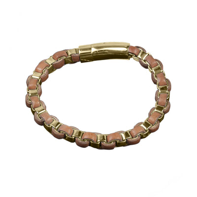 Arizona Gold Men's Bracelet featuring stainless steel links with gold plating and brown leather accents, designed for a stylish masculine look.