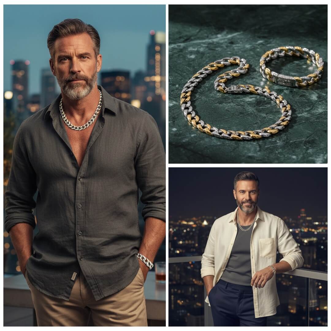 Collage of a man wearing a chain necklace with close-ups of the necklace and cityscape background.  Curb Vine Men's Set by Daniel Steiger