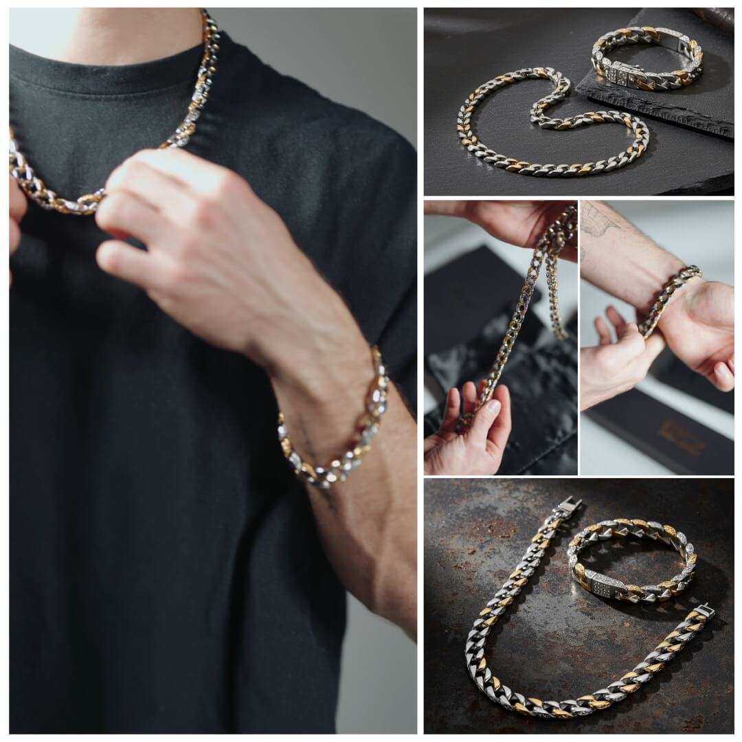 Curb Vine Men's Set featuring two-tone stainless steel bracelet and necklace, showcased on wrist and styled with black shirt, highlighting detailed craftsmanship and modern design.