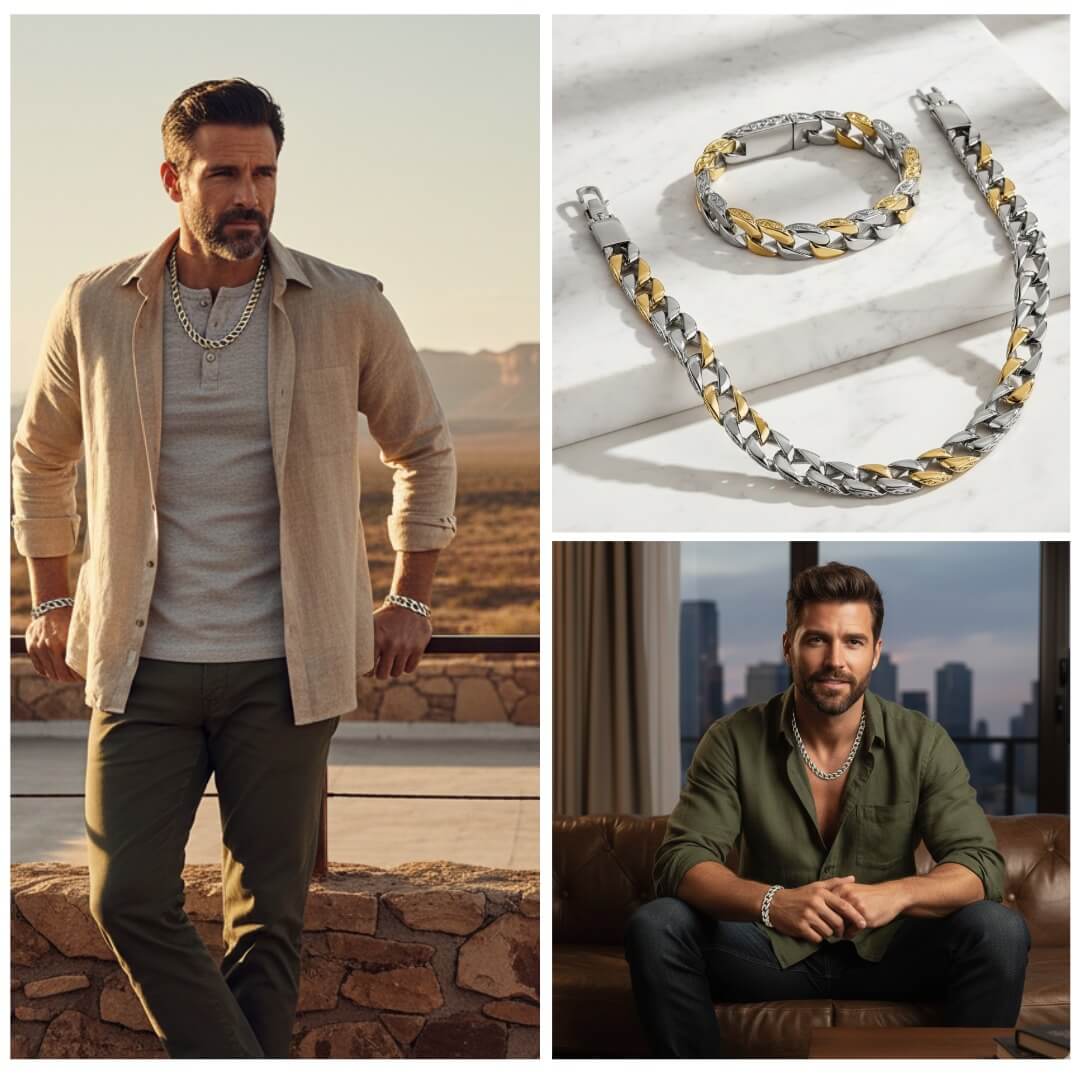 Collage of a man wearing jewelry with a close-up of the jewelry set. Curb Vine Men's Set by Daniel Steiger