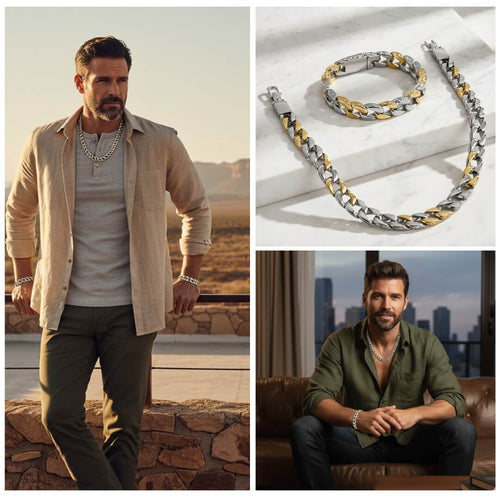 Collage of a man wearing jewelry with a close-up of the jewelry set. Curb Vine Men&