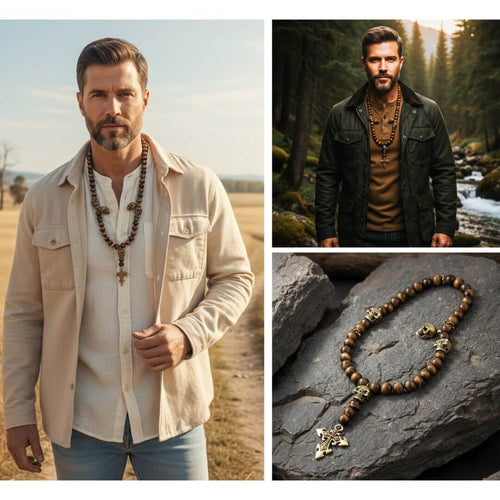 Collage of a man wearing a beige jacket with a necklace, a forest scene, and a close-up of the necklace on rocks. Daniel Steiger Skull Tiger Eye Rosary