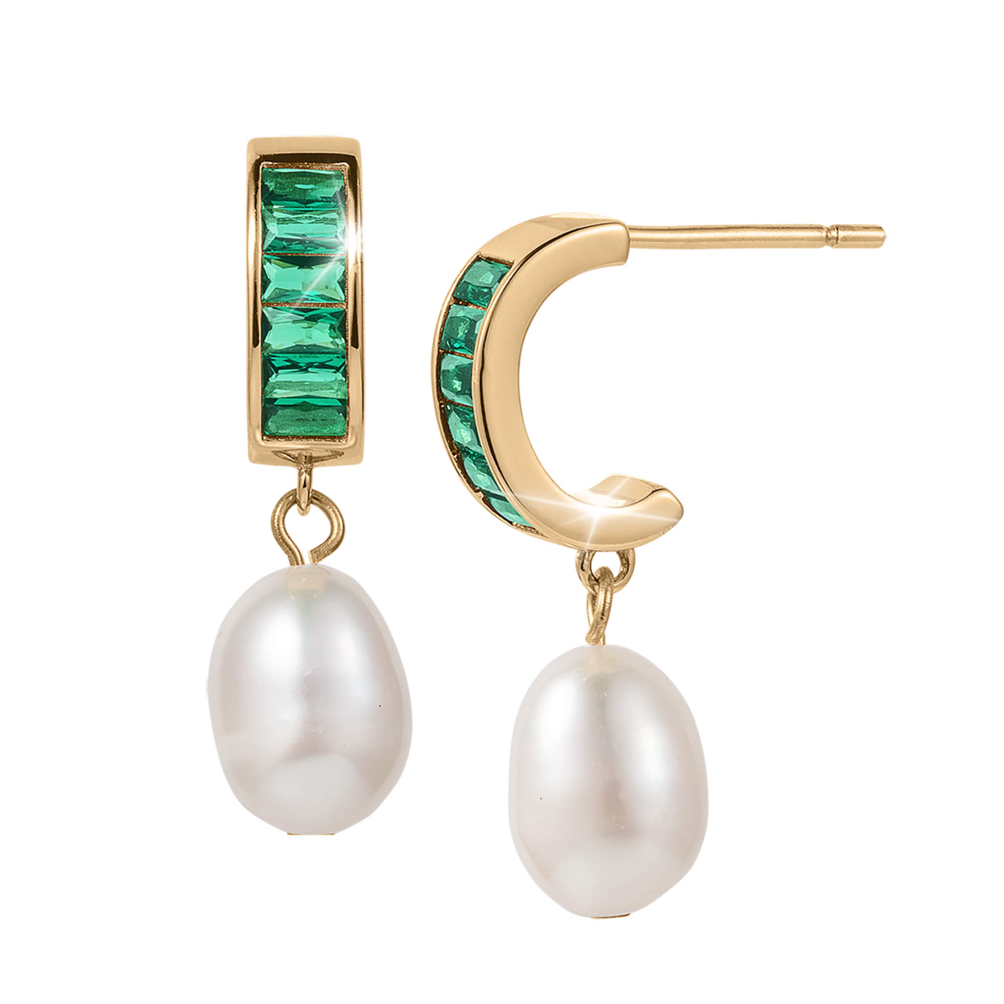 Pearl Radiance Earrings featuring gold hoops accented with vibrant green gemstones and elegant white pearl drops, combining classic elegance with a modern touch.