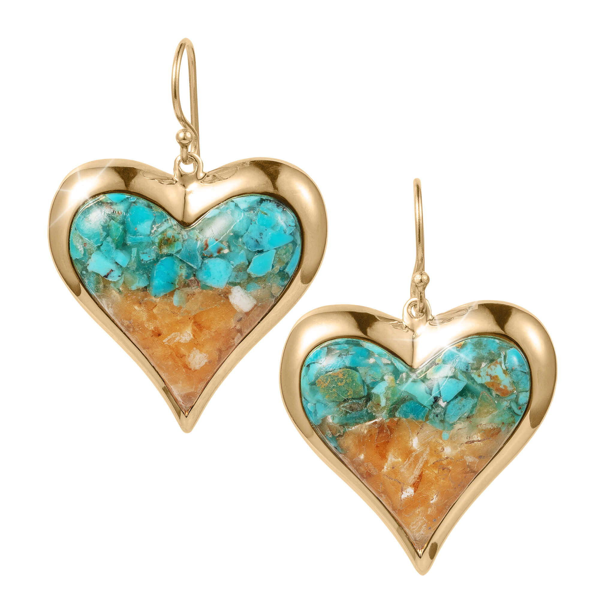 Sunlit Shore Heart Earrings featuring gold-toned heart-shaped frames with turquoise and sandy stone inlays, designed as elegant jewelry for everyday wear.
